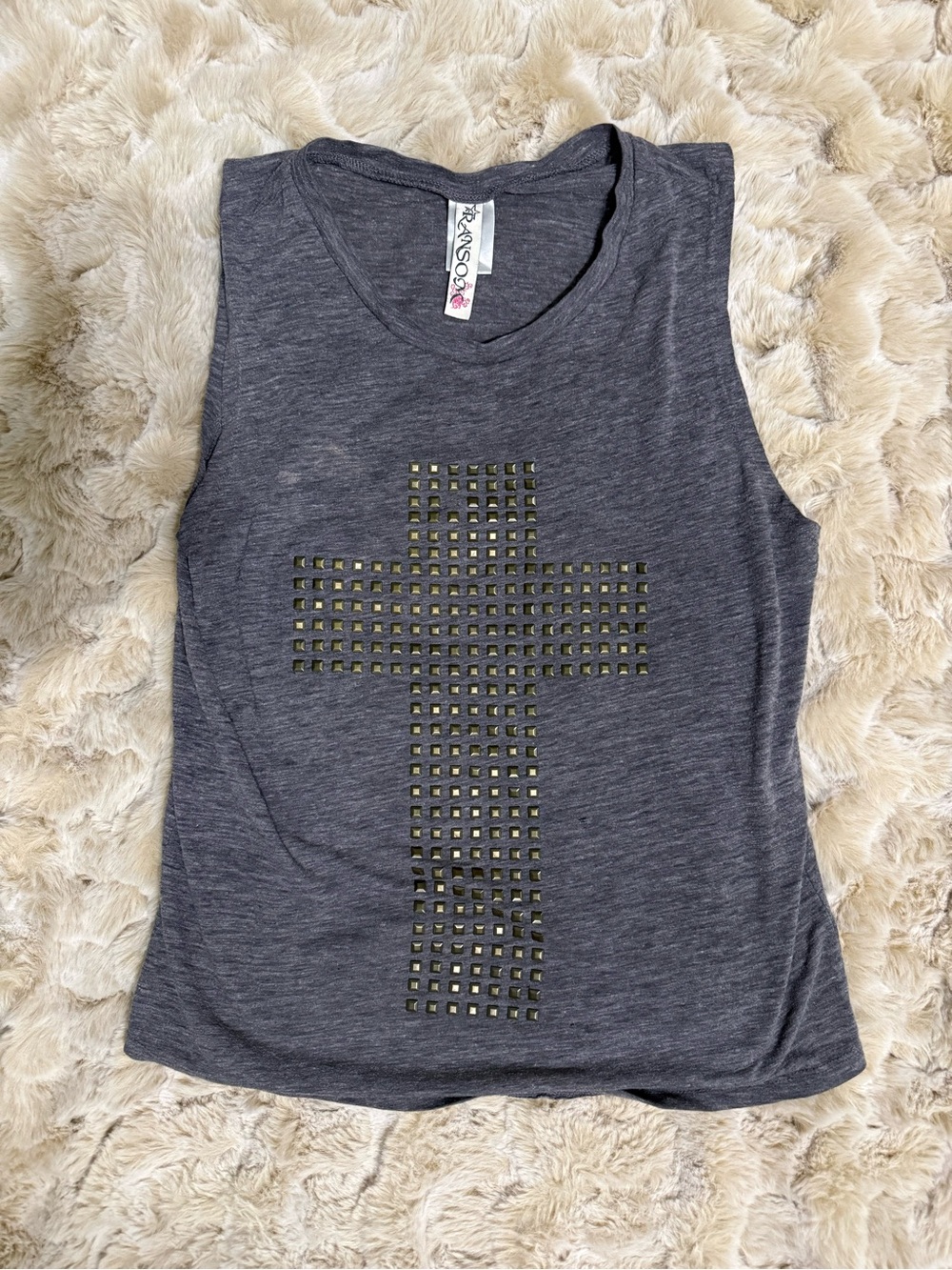 Y2K Ransom Sleeveless Gray Studded Cross Tank Top